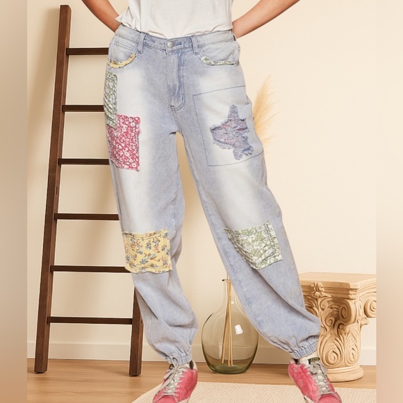 POL Floral Patchwork Jogger Jeans | Relaxed Fit Vintage Bohemian Denim - Picture 4 of 11